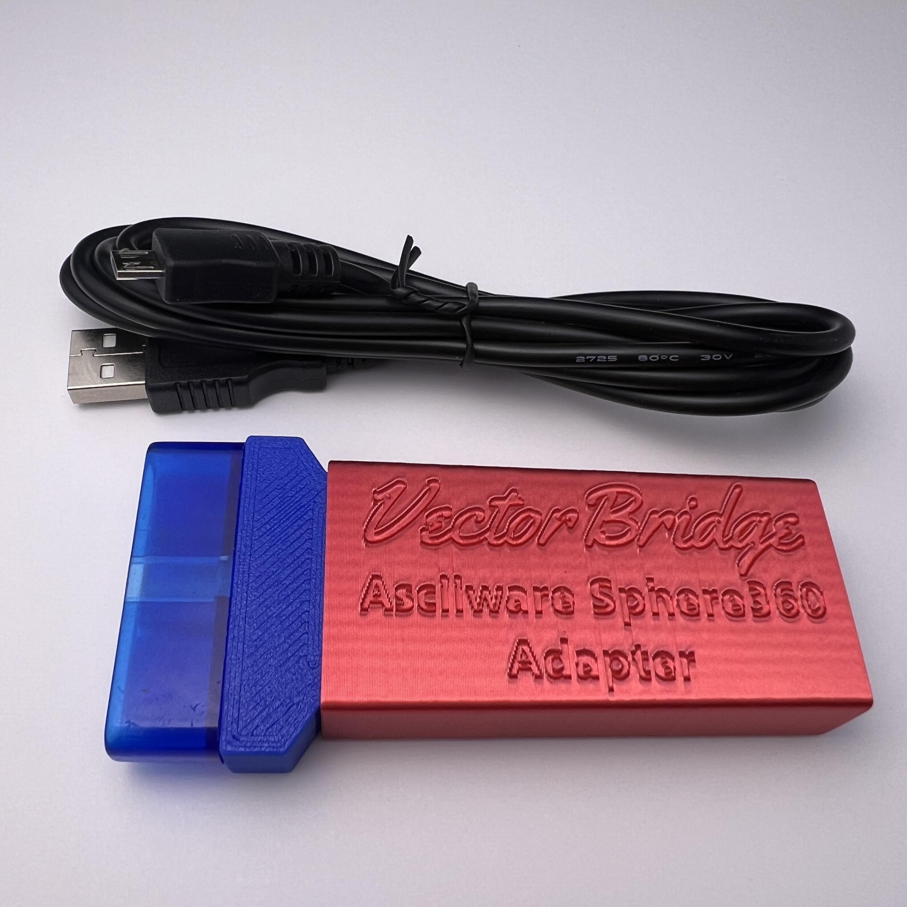 VectorBridge Sphere360 adapter box contents: adapter and 1 m USB‑A to Micro‑B cable