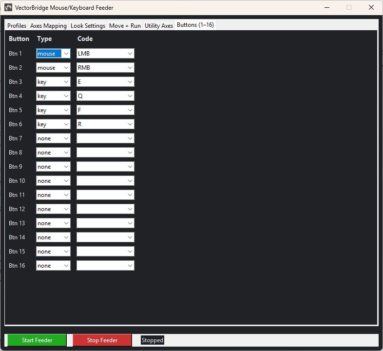 Feeder mapping UI for axis/button to key/mouse