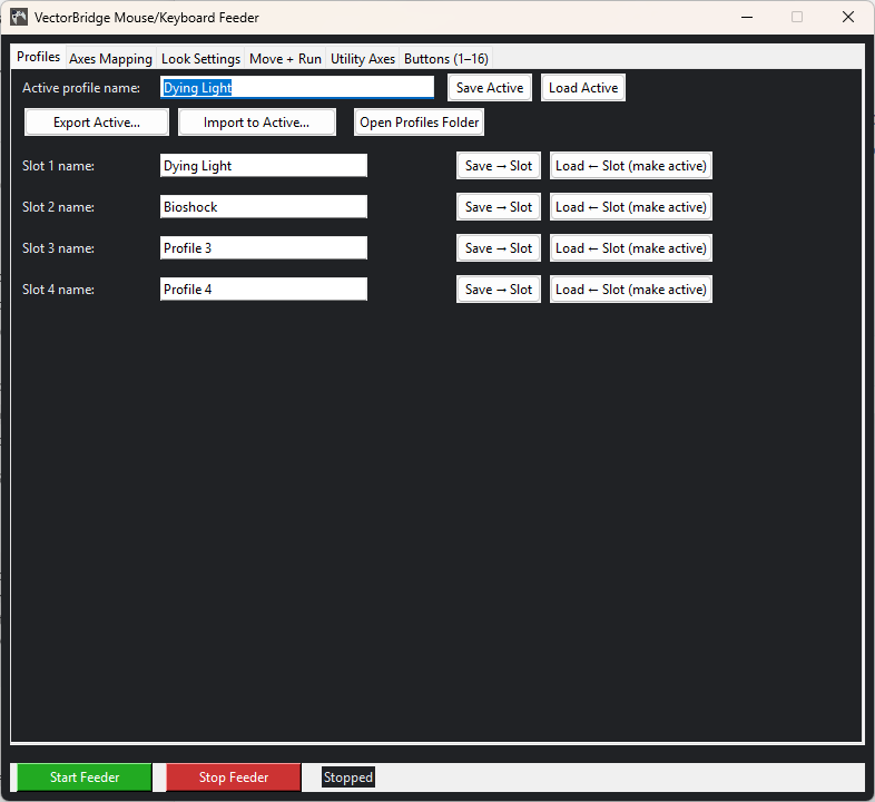 Feeder profiles save, load, import, export