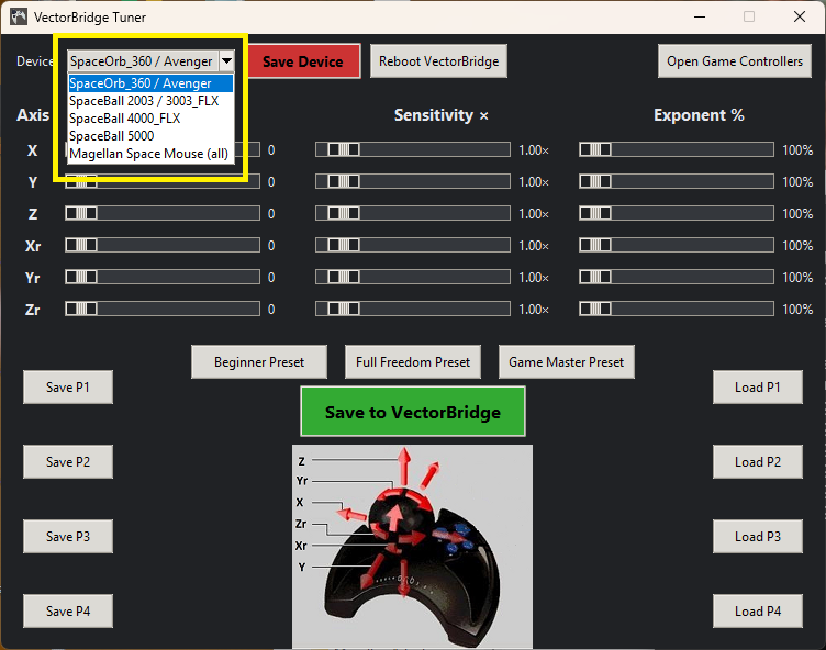 VectorBridge Tuner showing device selection with SpaceOrb 360 chosen