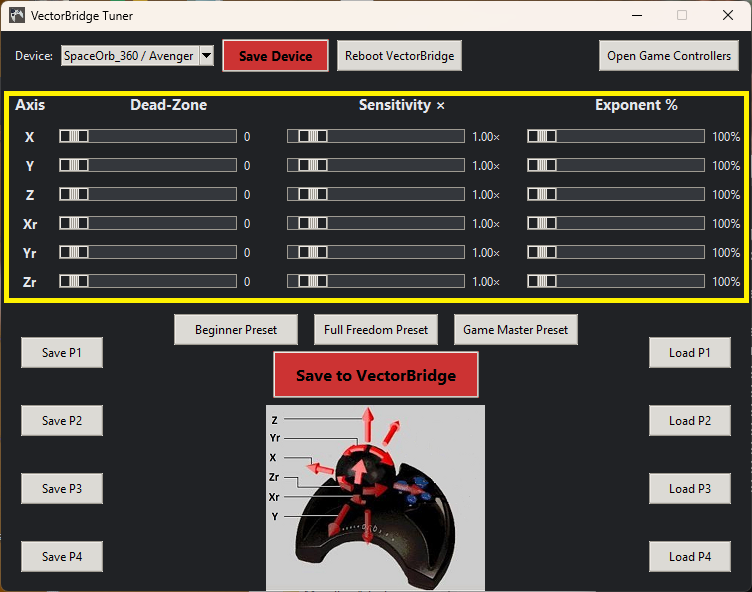 VectorBridge Tuner sliders for sensitivity, dead-zone, response curve