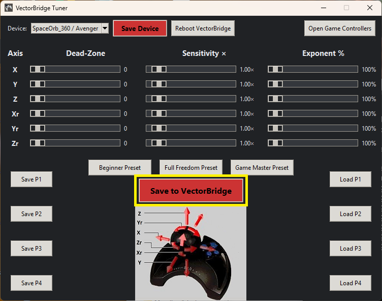 VectorBridge Tuner control to write settings to onboard storage